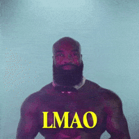 Video gif. A shirtless muscular man wears a black bowtie as he laughs infectiously. 