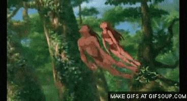 Disney gif. Tarzan and Jane jump from a ledge and land onto an elephant's trunk, who flings them up into a tree, where Tarzan grabs a vine to swing onto a mountain top, where they beat their chests.