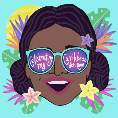 Digital art gif. Cartoon of a woman of color smiling and wearing bright blue sunglasses. Behind her are dancing tropical plants and flowers against a neon blue background. Text on her sunglasses reads, "Celebrating my Caribbean heritage."