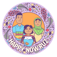 Illustrated gif. Family of three smiles and blinks as they hold a pot of wheatgrass and a fishbowl within a circular frame. Flora, nuts, coins, and fruit fill a lilac border on a transparent background. Text, "Happy Nowruz."
