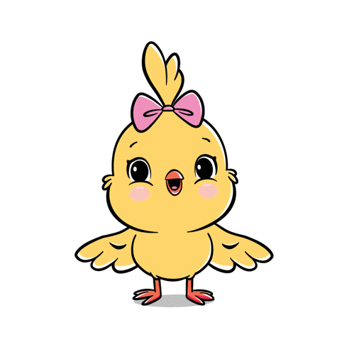 Digital art gif. Kiki Chicky, a yellow chick with a pink bow, blows us kisses while she flaps her wings. Hearts fly out from her wings and she smiles.