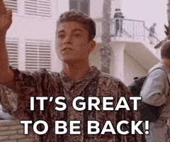 TV gif. Brian Austin Green, as David in 90210 waves to someone in a crowded hallway and says, “It’s great to be back! I’ll see ya around!”