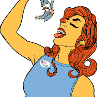 Digital art gif. Red-headed woman wearing an “I Voted” sticker holds a tiny man in a suit by his ankles, and lowers him into her open mouth against a transparent background. Text, “We will eat the rich.”