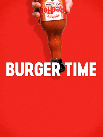 Sponsored gif. Hand shakes an upside down bottle of Frank’s RedHot sauce. Instead of hot sauce, mini burger sliders come out of the bottle. Text reads, “Burger time.”