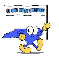 Digital art gif. Blue shape of North Carolina smiles and marches forward with one hand on its hip and the other holding a flag against a transparent background. The flag reads, “Go vote North Carolina!”