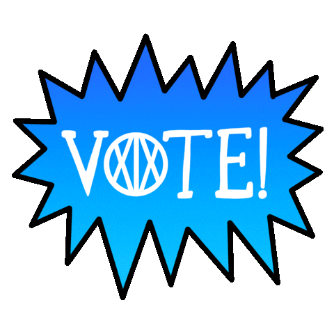 Digital art gif. Blue shouting speech bubble dances against a transparent background. Text, “VOTE!” features an “XIX” inside of the “O” in VOTE.