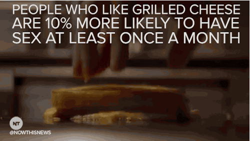 Video gif. Grilled cheese sandwich sizzles on a griddle and a hand moves it around. Text, “People who like grilled cheese are ten percent more likely to have sex at least once a month.”