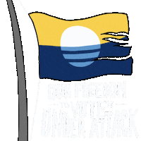 Digital art gif. Yellow and blue frayed Milwaukee flag attached to a gray flagpole waves against a transparent background with the text, “Our freedom to vote is under attack.”