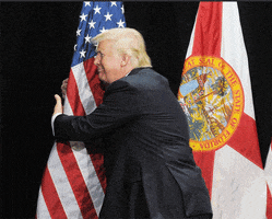 Political gif. Trump is hugs the American Flag with a smile.