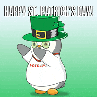 Cartoon gif. Pudgy Penguin, wearing a white with red ringer t-shirt a leprechaun hat and cucumbers over their eyes, is knocked over and engulfed by an avalanche of clovers. Text, "Happy St. Patrick's Day!"