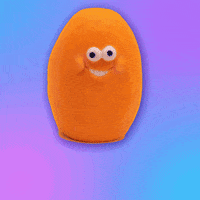 Stop motion gif. Against a blended blue and purple background, an orange Play-doh oval with bulging eyes and a smiling mouth coughs out hot pink bacteria that form words reading, "Cover your cough." An arm unsettlingly emerges out of the orange figure to exemplify how to cough into your arm before retreating into the oval.