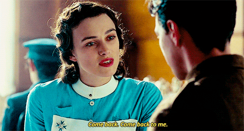 Movie gif. Keira Knightley as Cecilia in Atonement looks ahead with longing to James McAvoy as Robbie in front of her. Text, "Come back, come back to me."