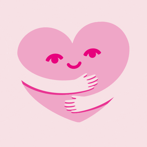 Digital art gif. A pink heart with a smiling face hugs itself. Text, "Sending hugs."