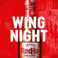 Sponsored gif. Chicken wings appear behind a bottle of Frank’s RedHot sauce. Text reads, “Wing Night.”