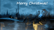 TV gif. In a Christmas episode of Doctor Who, three people wearing Santa hats fly in a shark-led carriage over the city. Text, “Merry Christmas!”