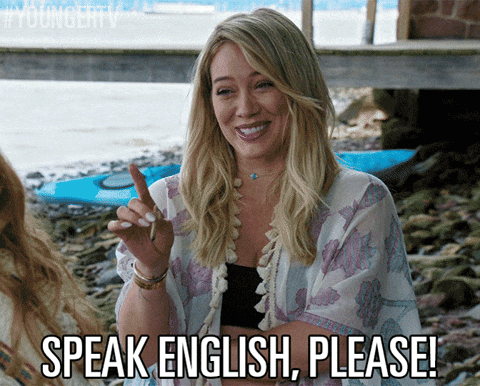 Femme disant "speak English, please!"