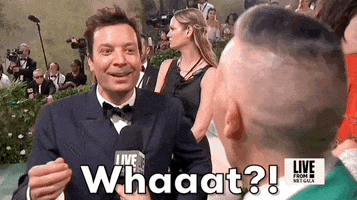 Met Gala 2024 gif. Jimmy Fallon, reporter holding a microphone to his face, backbends in an explosion of surprise, shaking his hand to the skies, clawed in fervor, and screaming, "Whaaaaaaaat?!"