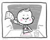 Illustrated gif. Baby wearing a suit and tie sits in a big office chair drawing scribbles on a paper, and waving a paper in the older hand.
