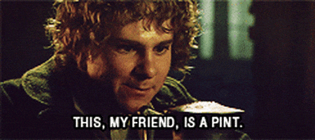 Movie gif. Dominic Monaghan as Merry Brandybuck in The Lord of the Rings: Fellowship of the Ring looks with wonder and excitement at a large mug of alcohol that’s filled right to the top. He says, “This, my friend, is a pint.”