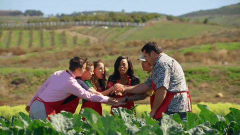 Reality TV gif. Six contestants of Masterchef in a garden bed with leafy greens put their hands together in a circle and cheer.