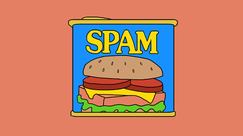 Illustration gif. A can of Spam spinning slowly in a circle.