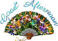 Sticker gif. Open accordion hand fan covered in flowers sparkles over a transparent background. Text, “Good Afternoon.”