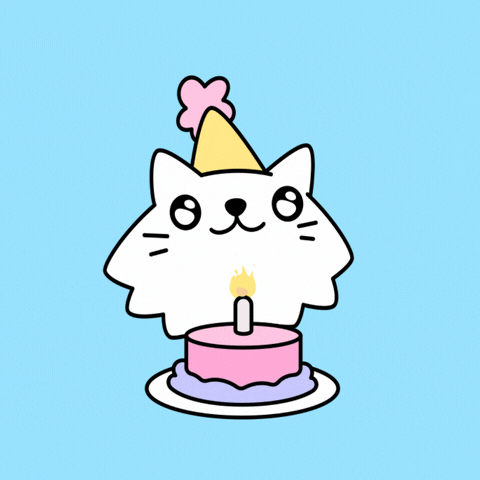 Digital illustration gif. Cartoon white cat wearing a party hat happily bounces its head up and down in front of a pink birthday cake with a single lit candle. The background is sky blue with white stars gleaming all around the cake. 