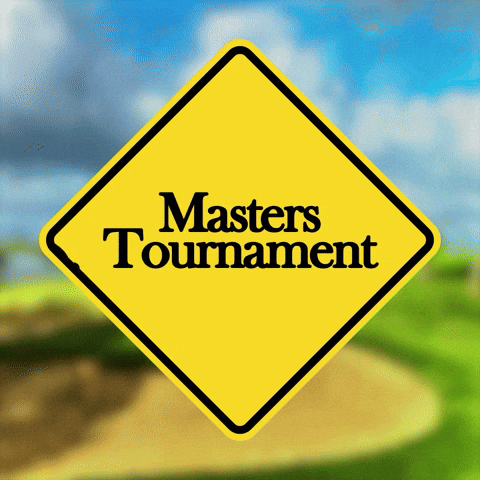Sports gif. An illustrated silhouette of a golf cart drives across a yellow traffic sign, altering text that reads, "Masters Tournament 2024."