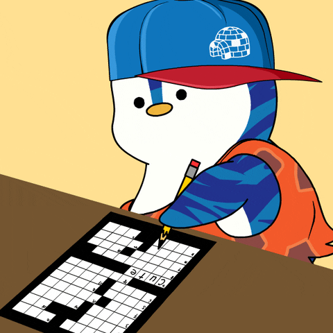 a fat penguin boy wearing a cap that is on sideways and he's filling in a crossword puzzle