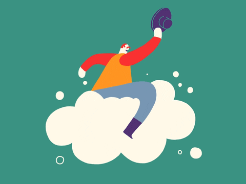 Illustrated gif. Man is riding a cloud that bucks and spins like a bull. He holds his cowboy hat in the air as he keeps his balance with no hands.