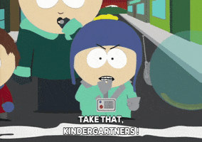 South Park gif. Angry, Craig swings his arm wildly and yells, “Take that, Kindergarteners!”