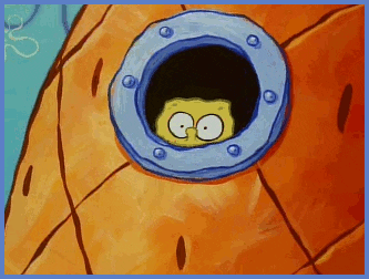 SpongeBob gif. Spongebob peaks out of his window from his pineapple house. He has wide, frightened eyes and slowly slides down and out of view. 