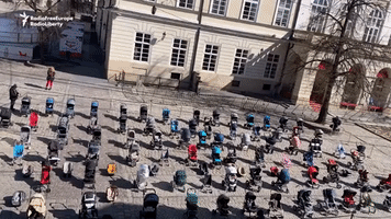 Empty Strollers Placed in Lviv to Symbolize Children Killed in Russian Invasion of Ukraine