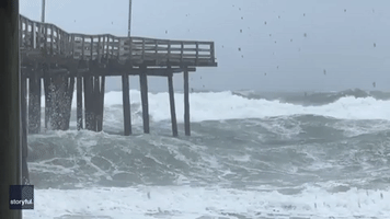 Waves Lash Pier in Nags Head During Ophelia Storm Surge