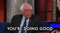 Political gif. Bernie Sanders appears on The Late Show with Stephen Colbert. He uses his index finger to tap the host's notes and assure him that he's doing well. Text, 
