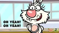 Cartoon gif. Daisy the Bunny from Nature Cat is grinning and pumping her hands in the air one at a time while saying, 