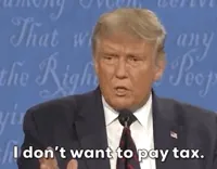 Political gif. Donald Trump stands behind a microphone and shrugs his shoulders. Text, 