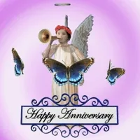 Digital art gif. Cherub is tooting a trumpet while their halo floats above them, butterflies fluttering around. On the bottom is a rotating banner that reads, 