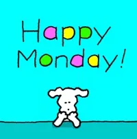 Cartoon gif. A white dog holds up a sign that says 