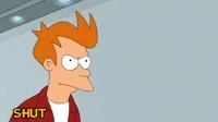 Cartoon gif. Fry from Futurama looks angry as he whips out a stack of cash and says, 