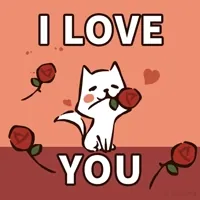 Kawaii gif. A little white puppy sits and wags its tail quickly while holding a rose in its mouth. There are roses strewn around it and hearts burst out from its little body, and the text reads, 