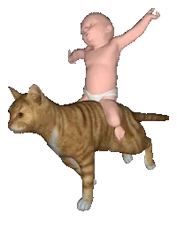 Sticker gif. Partially-rendered 3D baby riding bareback atop a photowrap 3D cat, arms wide as the cat gallops.