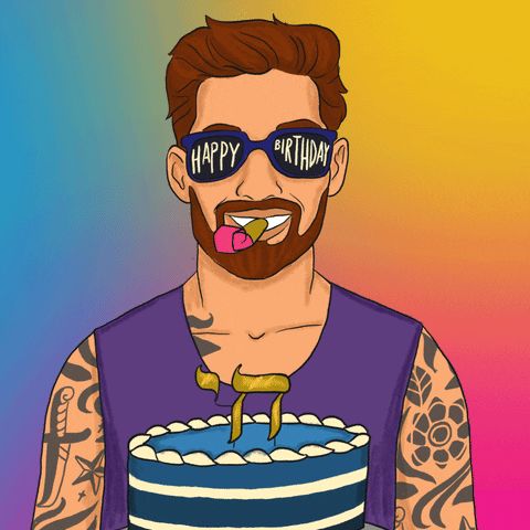 Illustrated gif. Bearded, tattooed man on a rainbow background wearing a purple tank and sunglasses that say "Happy birthday," blowing a party horn and holding a blue cake decorated with the Hebrew character "l'chaim!"
