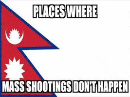 Digital art gif. Flags of various countries flash quickly in front of us. Text, "Places where mass shootings don't happen."