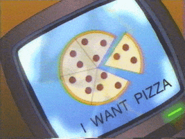 Cartoon gif. Retro 80’s television shows a simple drawing of a pepperoni pizza with one slice remove against a blue background above the text, “I want pizza.”