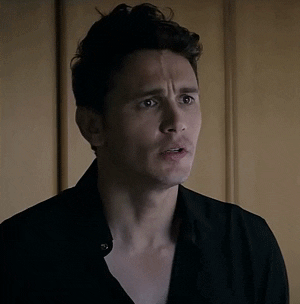 Celebrity gif. James Franco looks at someone and out of shock, recoils his head into his neck. His eyebrows shoot up and his lips tighten into a line, surprised.