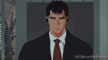 Anime gif. Guts from Berserk has black wireless earphones on and wears a suit. He walks powerfully down an office hallway, unblinking and staring straight ahead. 