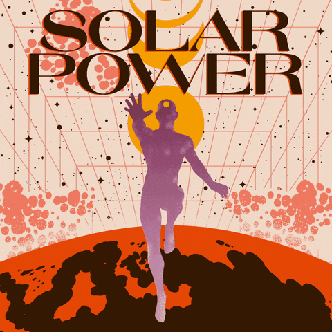 Text gif. Large headline "Solar power" above a silhouette of a human form with a hole cut out of the head, in a full hurdling posture, floats above a red Earth and below the phases of the moon, perspective guidelines receding forever backward into space.