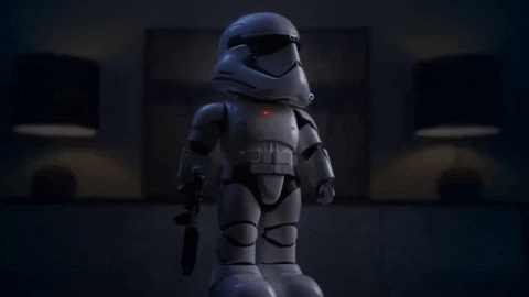 Small stormtrooper looking around and guarding area (gif)