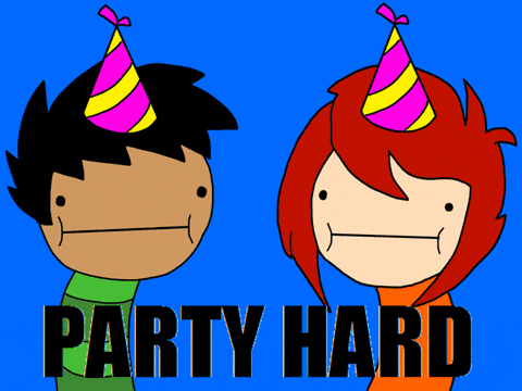 Barevný blikající kreslený gif s chlapcem a dívkou s narozeninovými čepičkami a nápisem "Party hard". 